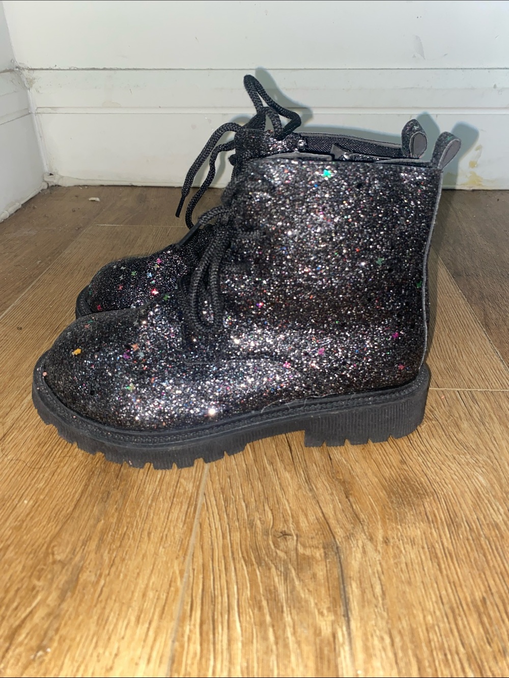 Glitter Lace-Up Kids Combat Boots in Black